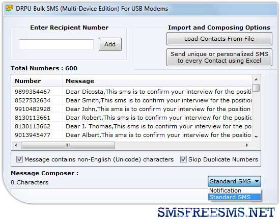Screenshot of SMS via Modem