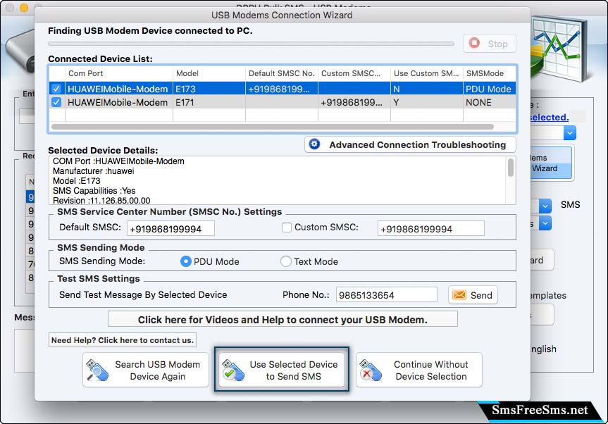 Selected USB Modem Device Details