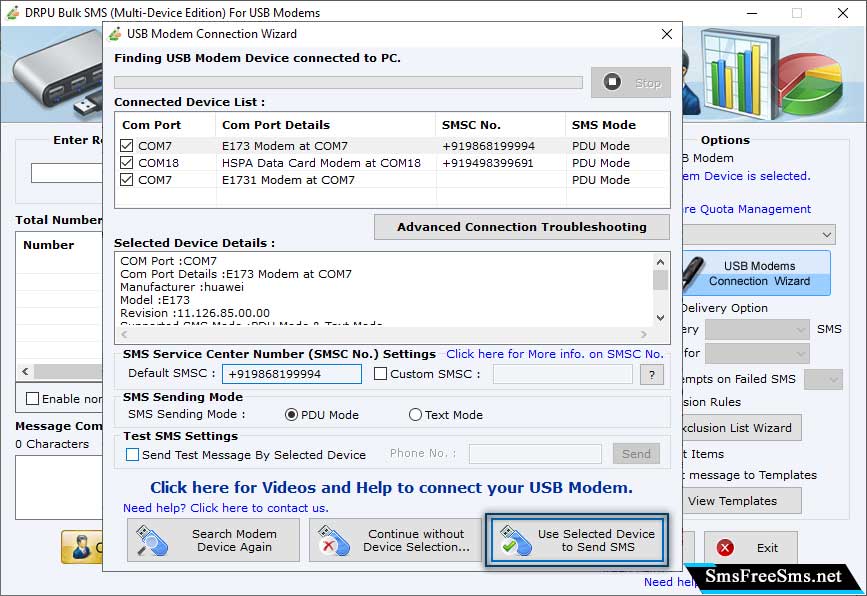 Selected USB Modem Device Details