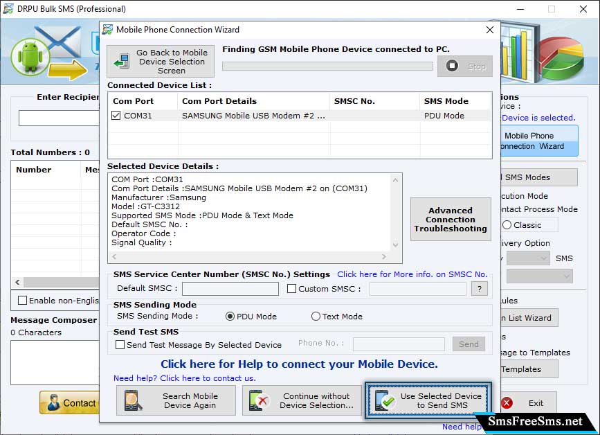 Select GSM Mobile Device to Send SMS